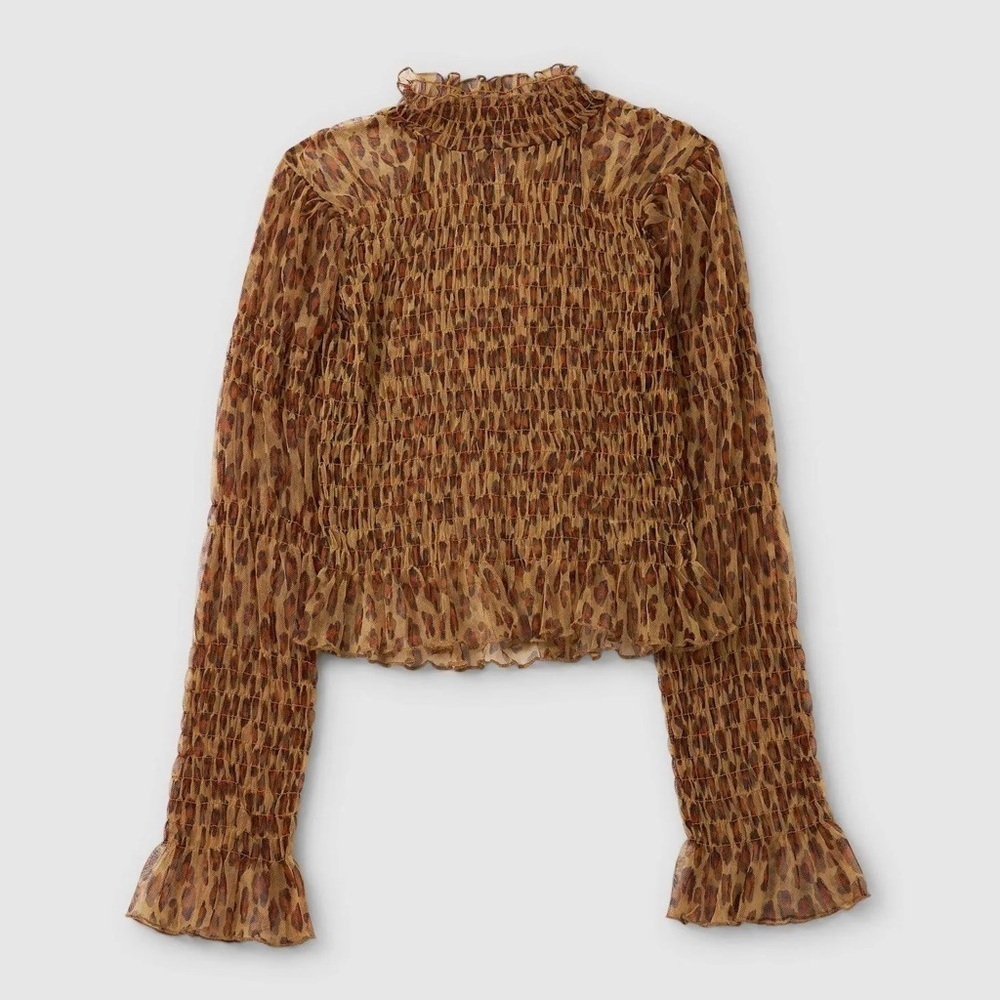 FREE PEOPLE Smocked HELLO THERE Mesh Top Leopard Cheetah Mock Neck Size Small - Picture 4 of 14